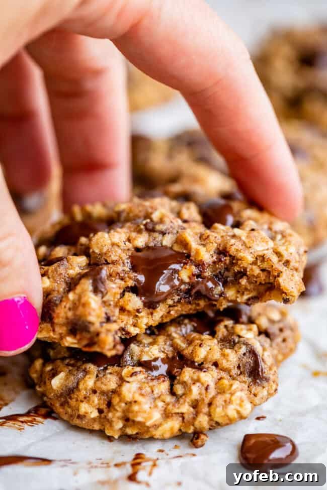 Wholesome Chocolate Chip Delights 20 A stack of healthy chocolate chip cookies with one showing a bite taken, being lifted by a hand.