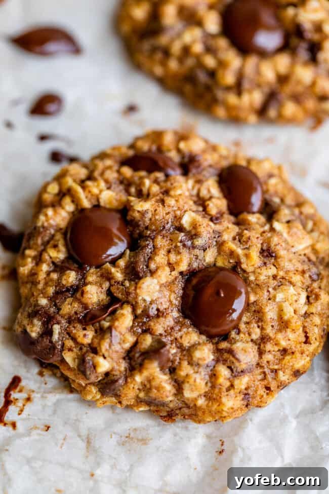 Wholesome Chocolate Chip Delights 8 A batch of healthy oatmeal chocolate chip cookies cooling on parchment paper, perfectly round and inviting.