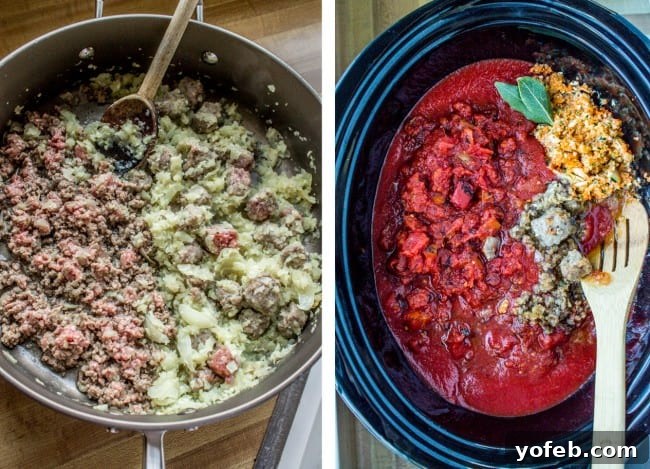 Effortless Slow Cooker Pasta Sauce 7 Italian sausage being cooked for spaghetti sauce; preparing spaghetti sauce with sausage in the crockpot.