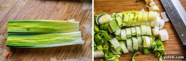 Creamy Vegan Cauliflower Soup 11 slicing and chopping leeks on a wooden cutting board.