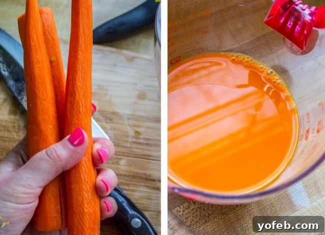 Creamy Vegan Cauliflower Soup 12 peeling carrots and pouring carrot juice.