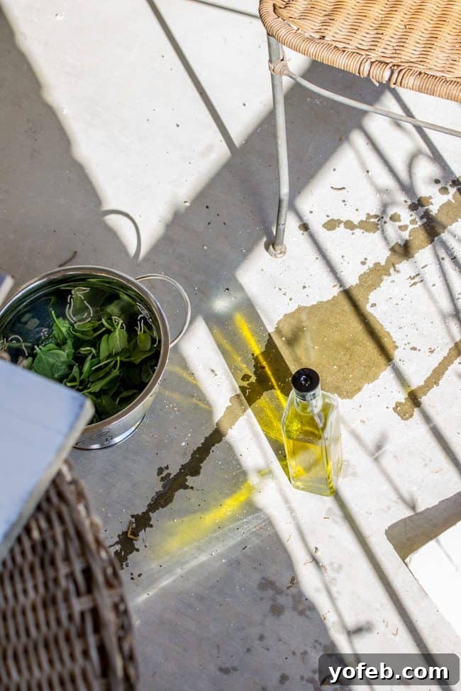 Creamy Vegan Cauliflower Soup 6 spilled olive oil and spinach on a concrete patio.