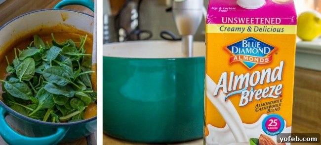 Creamy Vegan Cauliflower Soup 10 spinach wilting in hot soup; Almond Breeze almond milk next to a pot of vegan soup.
