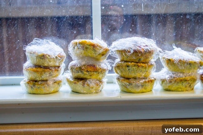 Pizza Egg Muffins: Effortless Weekday Breakfast 11 Individually wrapped egg muffins, neatly arranged on a windowsill, perfect for freezing and meal prep.