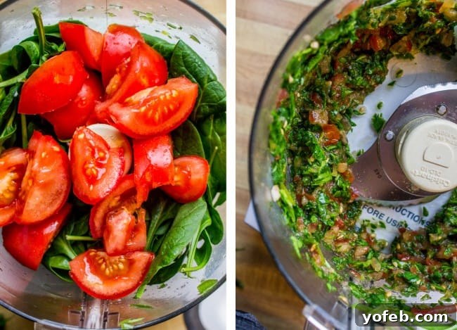 Pizza Egg Muffins: Effortless Weekday Breakfast 6 Spinach leaves and sliced tomatoes, before and after being finely chopped in a food processor for the egg muffins.