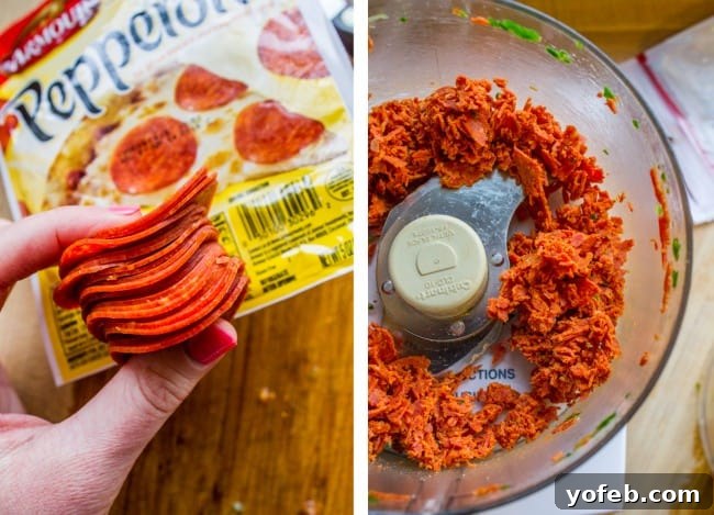 Pizza Egg Muffins: Effortless Weekday Breakfast 7 A stack of pepperoni being diced in a food processor, transforming into small, flavorful pieces for the egg muffins.