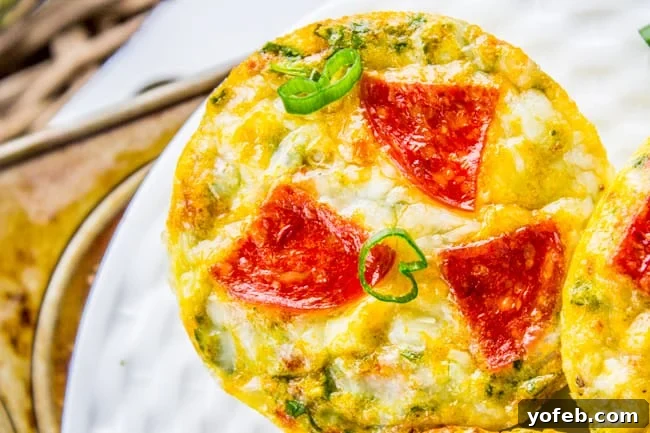 Pizza Egg Muffins: Effortless Weekday Breakfast 8 A close-up shot of a single Pizza Egg Muffin on a white plate, highlighting its texture and toppings.
