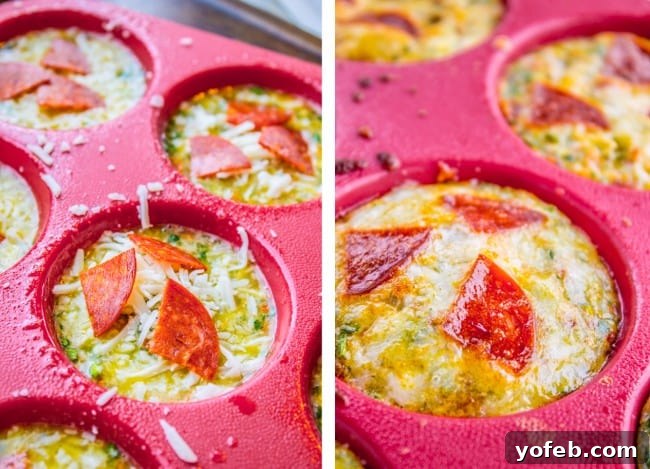 Pizza Egg Muffins: Effortless Weekday Breakfast 9 Pizza Egg Muffins baking in a silicone muffin pan, shown before and after, highlighting their rise and golden finish.