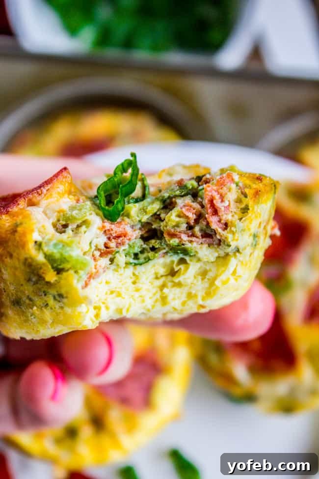 Pizza Egg Muffins: Effortless Weekday Breakfast 10 A close-up of an egg muffin held in a hand, with a bite taken out, revealing layers of pepperoni, green onion, and spinach.
