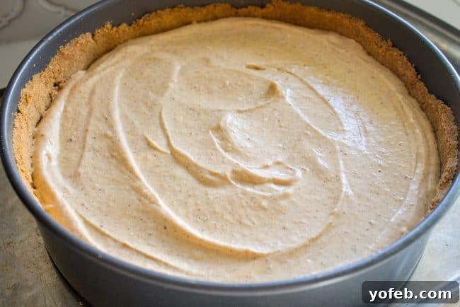 Adding the rich, spiced pumpkin layer atop the vanilla cheesecake, ensuring even coverage for a perfectly layered fall dessert. The spiced pumpkin cheesecake batter being carefully spread over the vanilla layer in the springform pan, creating the second distinct layer.