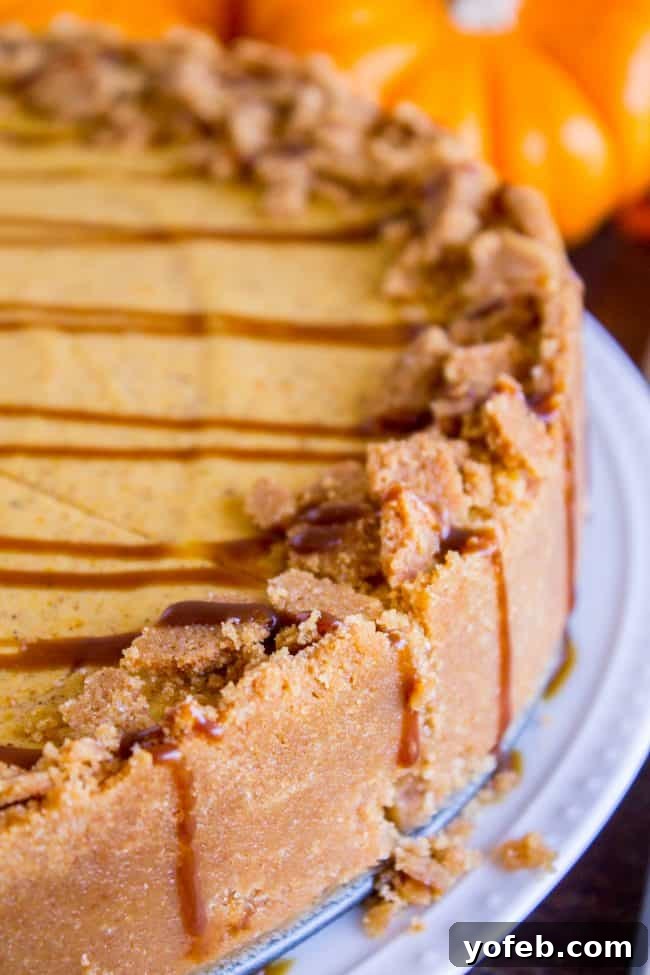 Double Layer Pumpkin Cheesecake: The Perfect Impressive Dessert for Fall and Thanksgiving Celebrations. #easy #recipe #pumpkin #fall #fallbaking #cheesecake #creamcheese #caramel #grahamcracker #crust #baked #best #saltedcaramel #fromscratch #homemade A side view of a double layer pumpkin cheesecake showcasing the graham cracker crust, vanilla layer, pumpkin layer, and caramel topping.
