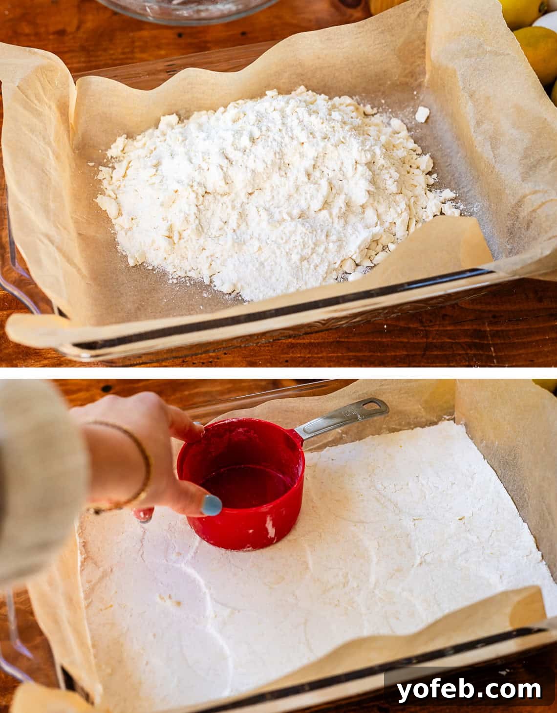 Seriously Zesty Lemon Bars My Absolute Best 11 top: crust mixture in lined 9x13 pan, bottom: hand using a measuring cup to press crust.