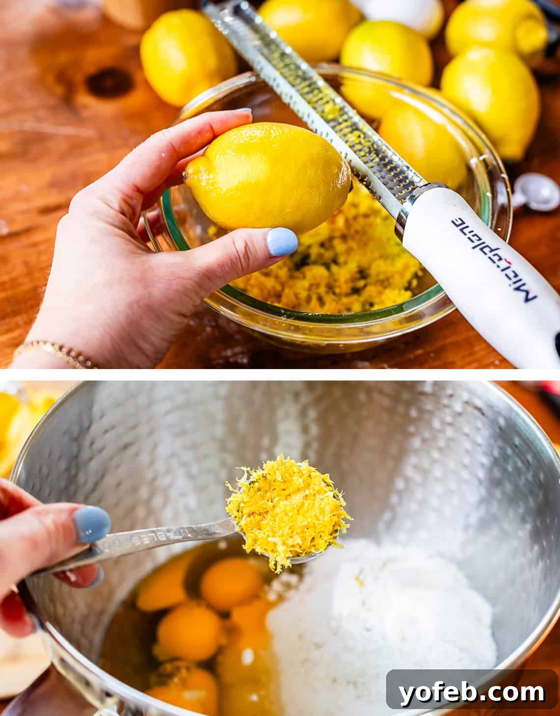 Seriously Zesty Lemon Bars My Absolute Best 13 top zester zesting a lemon being held by a hand, bottom: tablespoon of zest over mixing bowl.