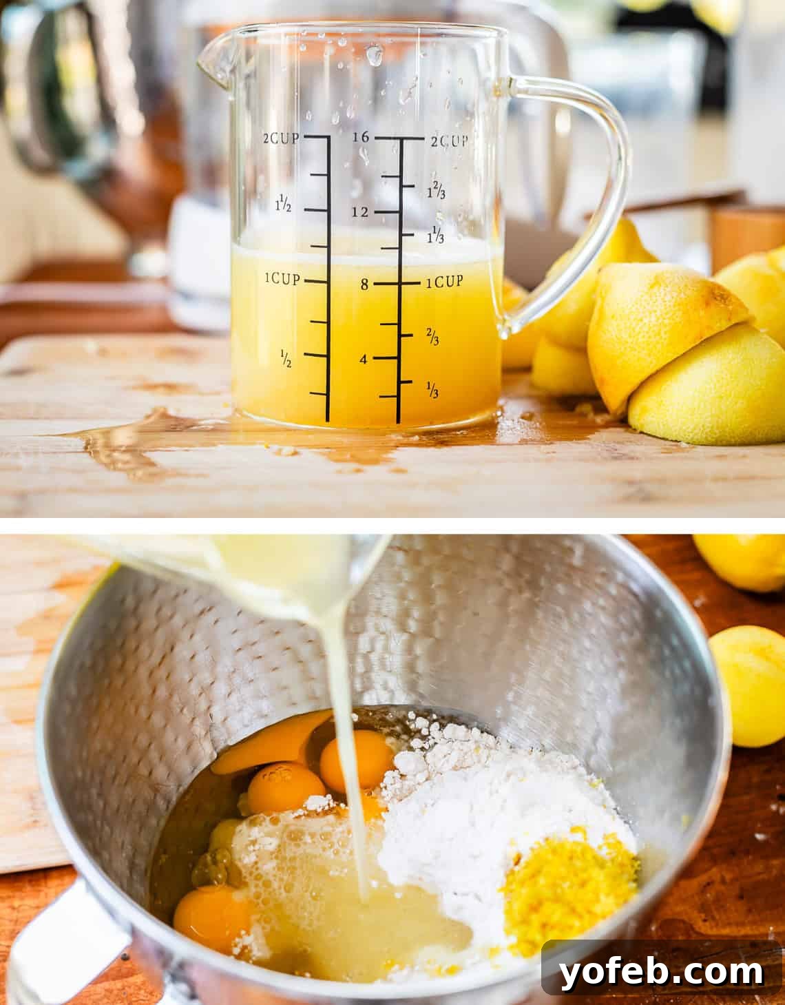 Seriously Zesty Lemon Bars My Absolute Best 15 top: measuring cup with just over 1 cup lemon juice, bottom: lemon juice pouring into mixer.