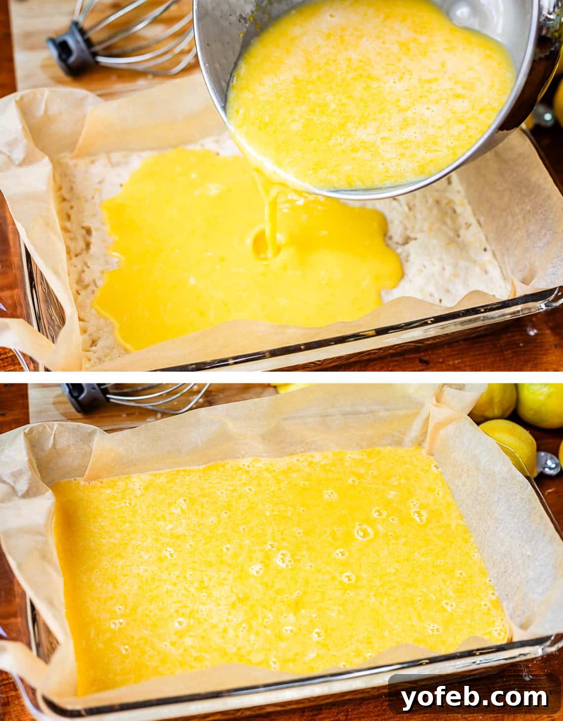 Seriously Zesty Lemon Bars My Absolute Best 17 top: pouring custard filling over crust, bottom: filling on crust ready to be baked.
