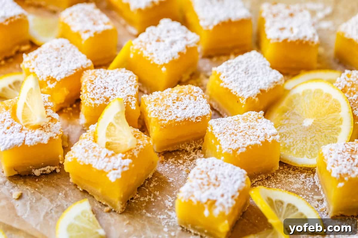 Seriously Zesty Lemon Bars My Absolute Best 3 lemon squares with powdered sugar and lemon garnish on parchment paper.