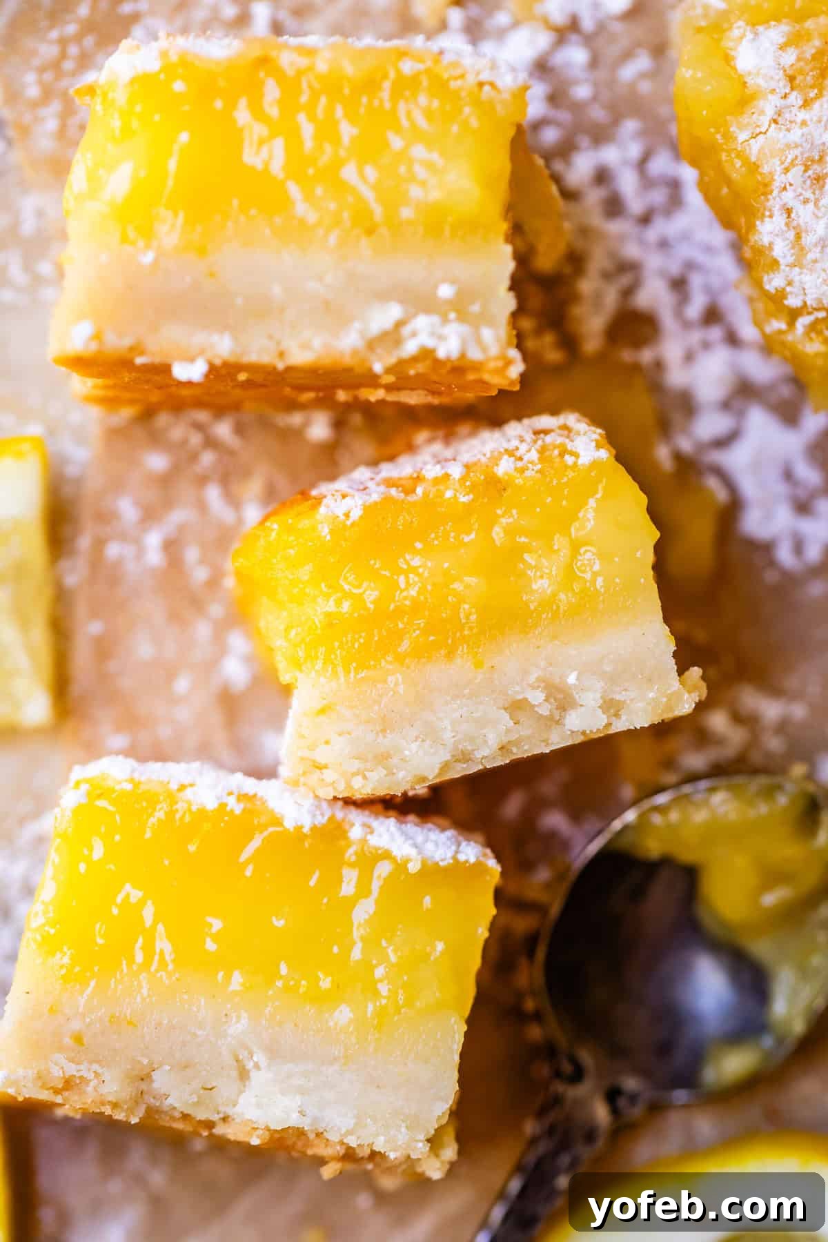 Seriously Zesty Lemon Bars My Absolute Best 24 sideways view of three lemon bars showing the lemon custard and shortbread layers.