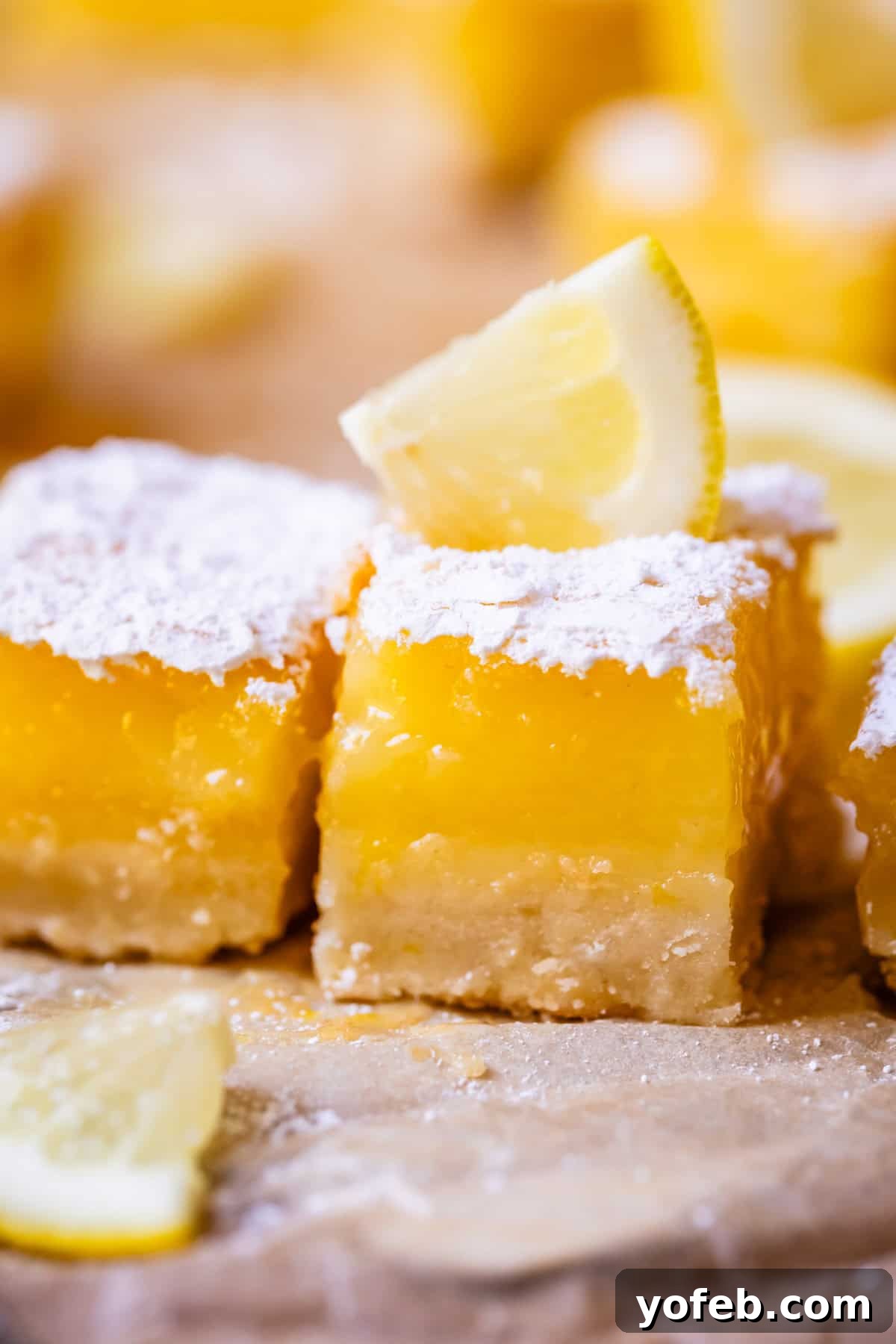 Seriously Zesty Lemon Bars My Absolute Best 25 close up of a lemon bar with thick custard filling and a small lemon wedge garnish.