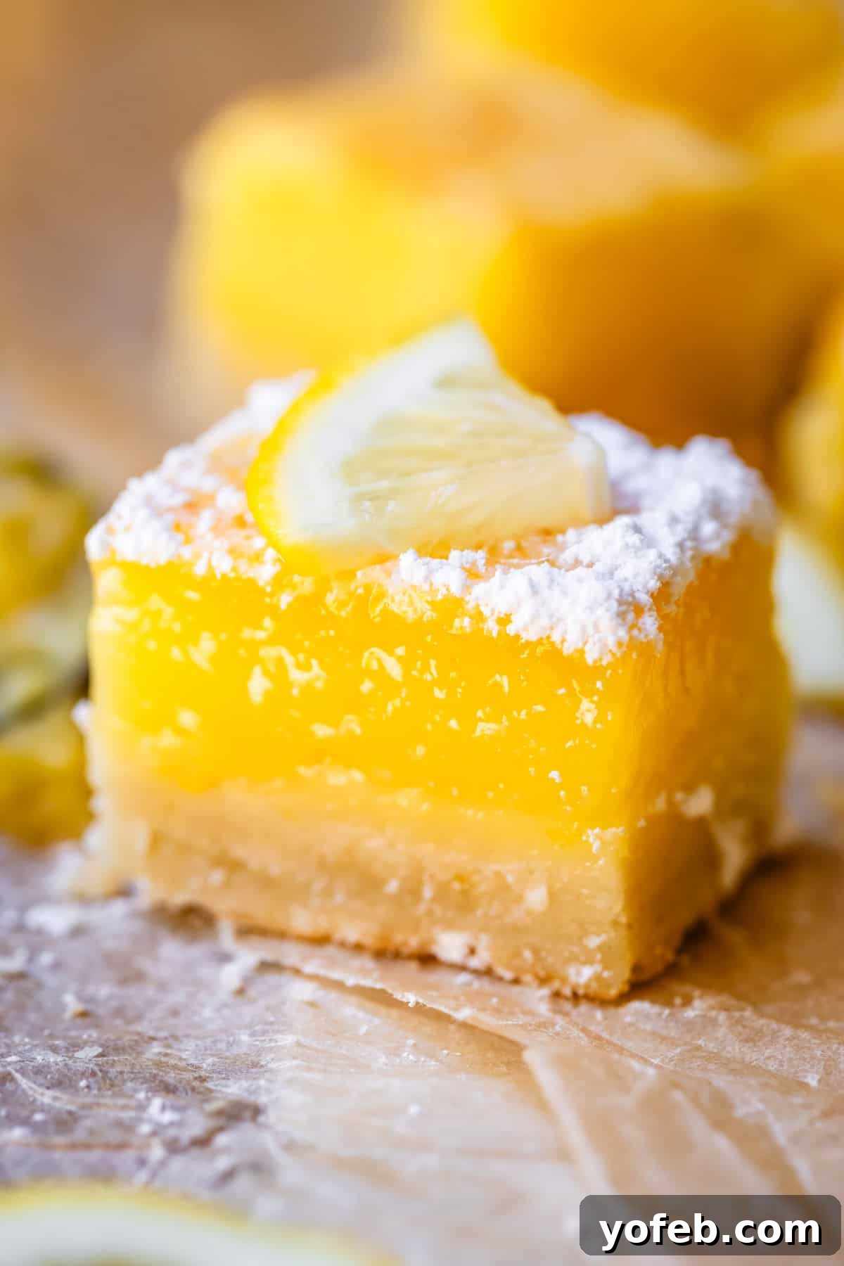 close up of a lemon bar perfectly balanced with crust, filling, and powdered sugar topping.