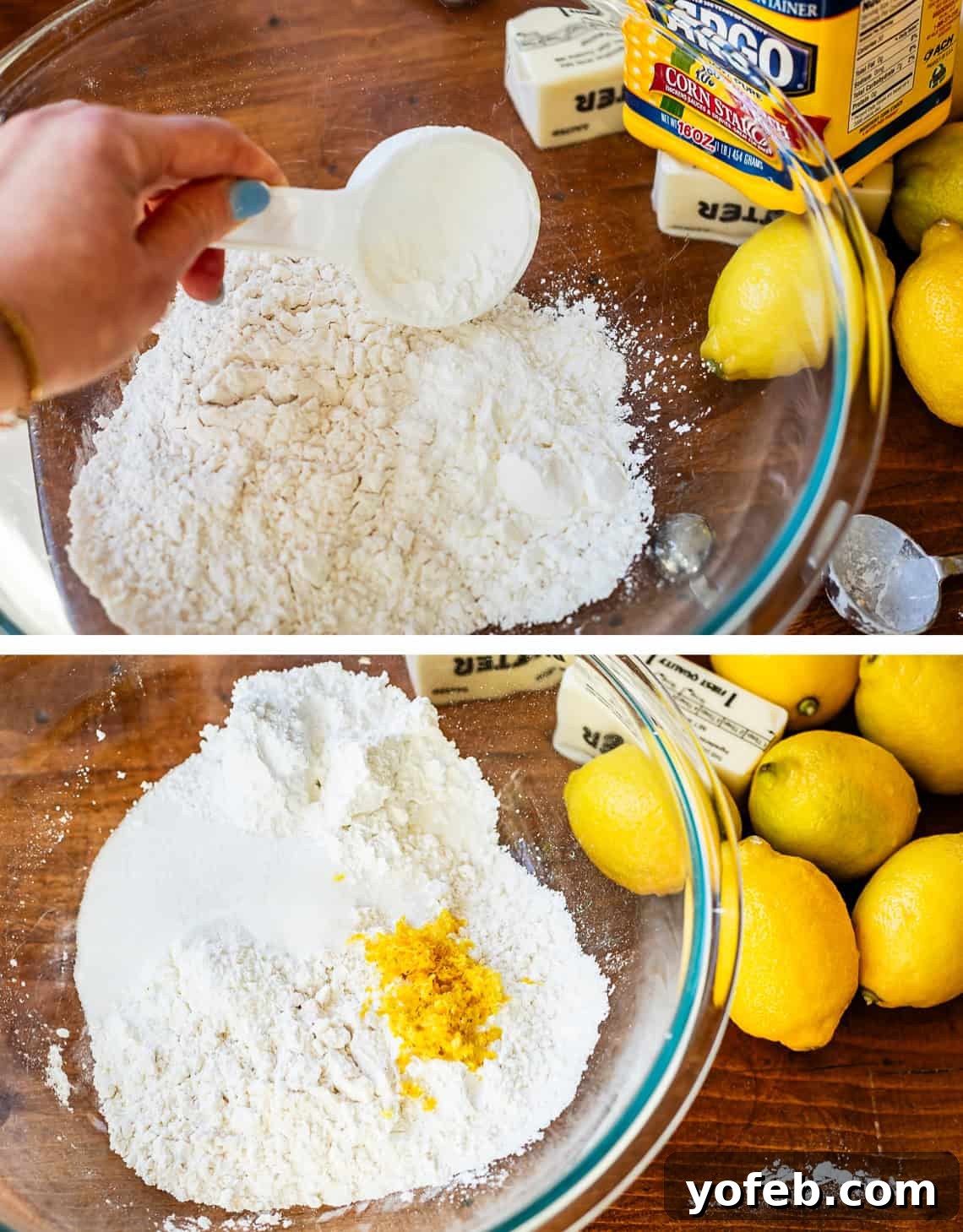 Seriously Zesty Lemon Bars My Absolute Best 9 top: hand pouring cornstarch from a measuring cup into bowl, bottom rest of crust ingredients.