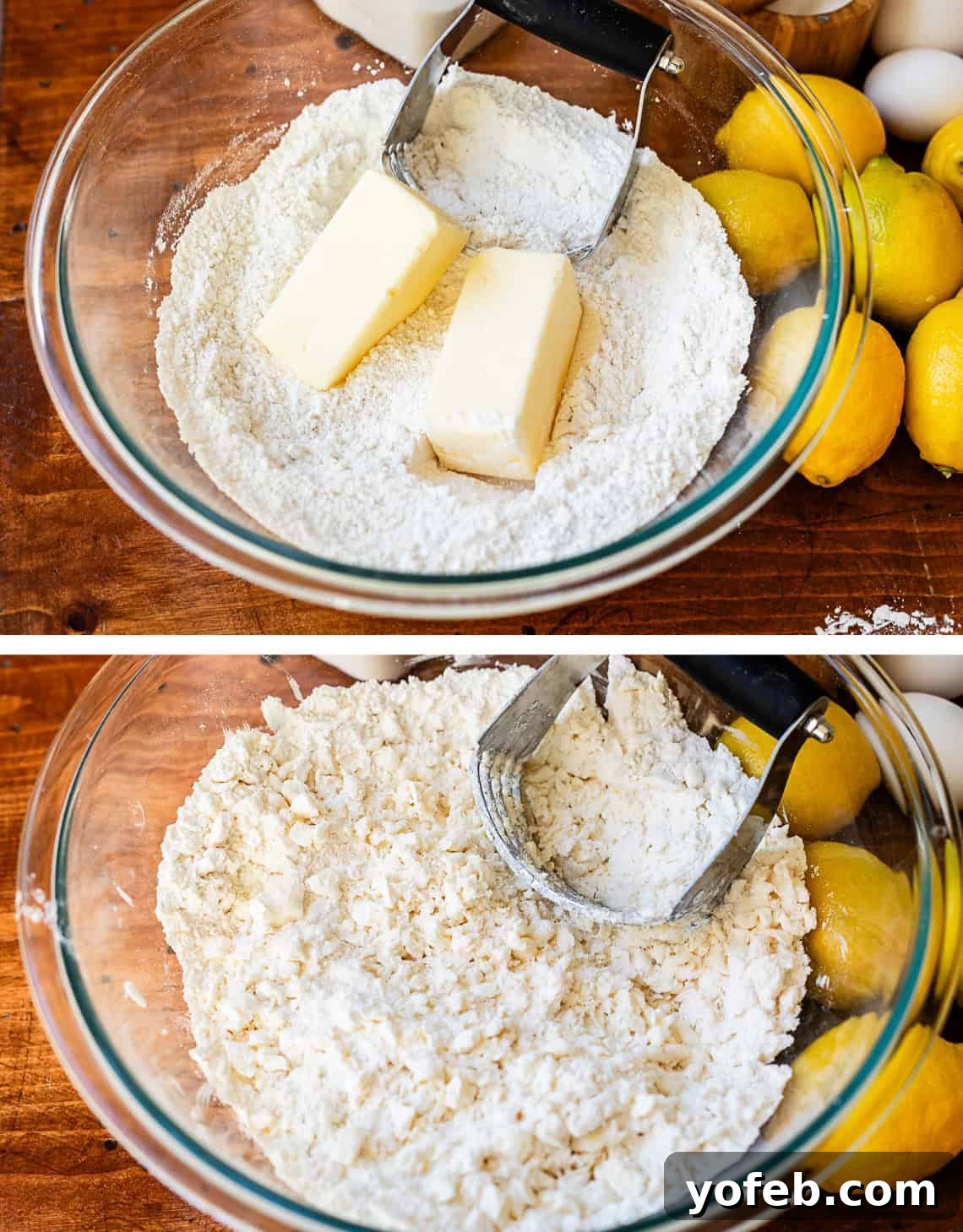 Seriously Zesty Lemon Bars My Absolute Best 10 top: glass bowl with butter and dry ingredients, bottom: pastry cutter cutting butter in.