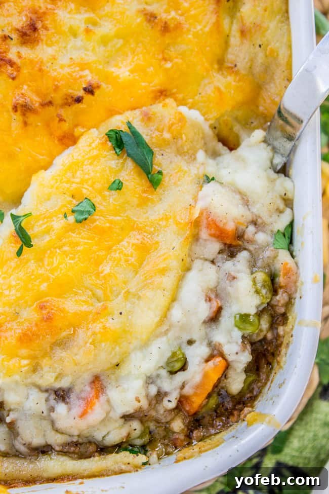 Ultimate Cheesy Shepherds Pie 4 shepherd's pie in a white baking dish with melted cheese on top, ready to be served.