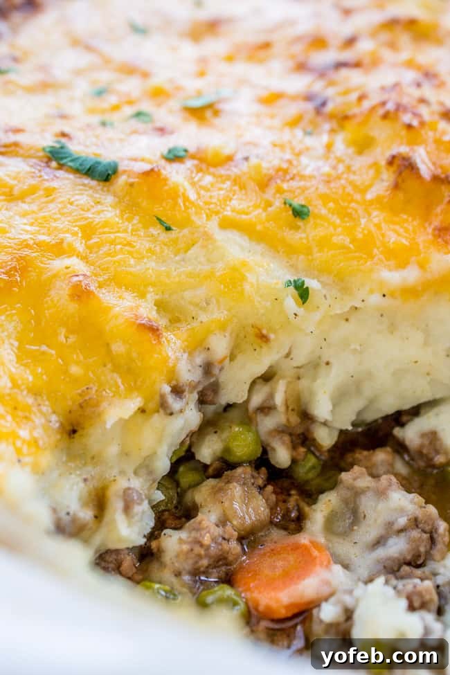 Ultimate Cheesy Shepherds Pie 7 shepherd's pie in a baking dish, showing distinct layers of beef and vegetable filling and a thick layer of cheese-topped mashed potatoes.
