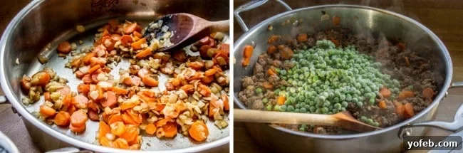 Ultimate Cheesy Shepherds Pie 8 cooking carrots and onions in a skillet, then adding frozen peas to the mixture.