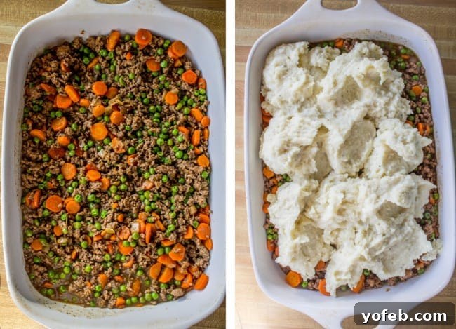 Ultimate Cheesy Shepherds Pie 9 putting beef and vegetable filling into a casserole dish, then adding mashed potatoes on top.