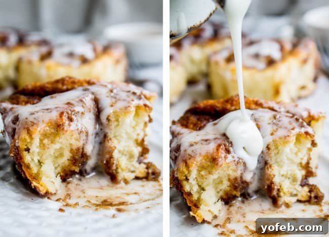 Quick No Yeast Cinnamon Rolls 6 A comparison of two cinnamon rolls, one with a modest amount of icing and another with an excessive, humorous amount.