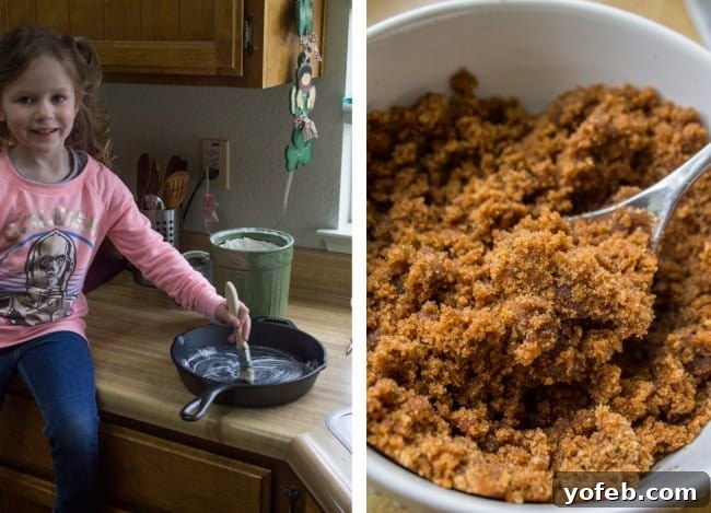 Quick No Yeast Cinnamon Rolls 7 A little girl buttering a skillet, alongside a bowl of cinnamon brown sugar filling, ready for baking.