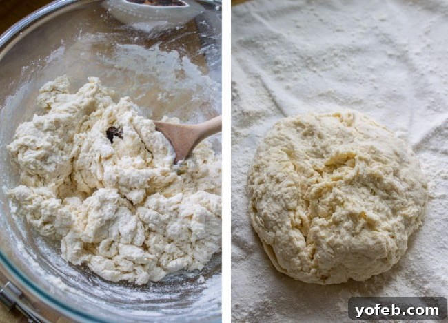 Quick No Yeast Cinnamon Rolls 8 Soft dough being mixed by hand, followed by the dough formed into a soft ball on a floured surface.