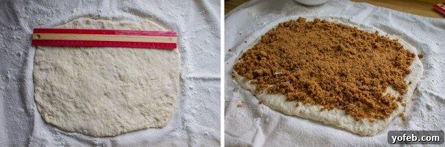 Quick No Yeast Cinnamon Rolls 9 Measuring the width of rolled-out dough, then a rectangle of dough evenly covered with cinnamon brown sugar filling.