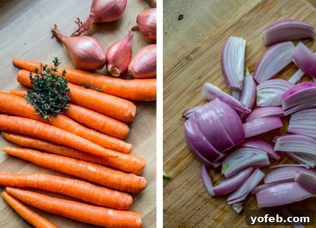 Thyme-Infused Sautéed Carrots and Shallots 7 Fresh shallots, carrots, and thyme sprigs arranged on a wooden cutting board, ready for preparation.