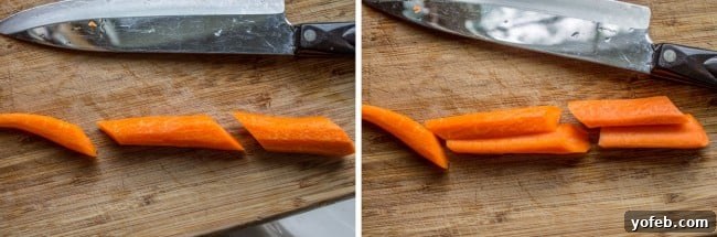 Thyme-Infused Sautéed Carrots and Shallots 8 A chef's knife slicing carrots into diagonal pieces on a wooden cutting board.
