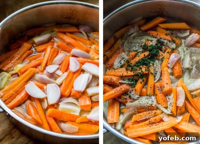 Thyme-Infused Sautéed Carrots and Shallots 9 A large metal pot containing sliced carrots, shallots, and fresh thyme, ready for sautéing.