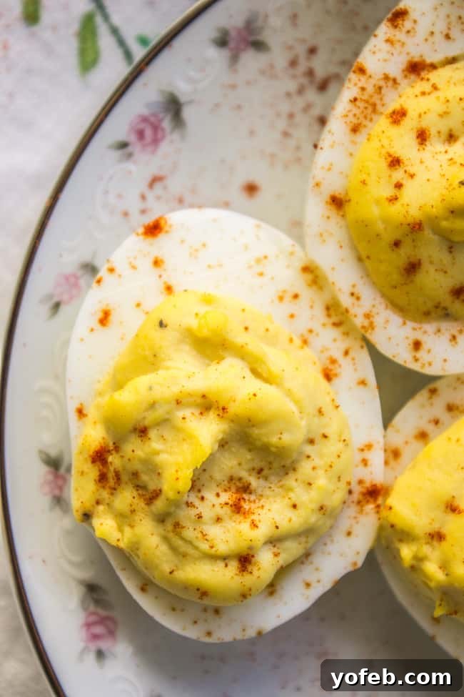 Timeless Deviled Eggs 8 Elegant classic deviled eggs on a vintage floral plate, dusted with paprika, perfect for any special occasion.