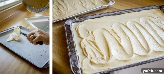 Strawberry Pineapple Meringue Dream Cake 5 Spreading cake batter into a pan