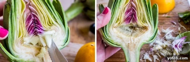 Garlic-Kissed Roasted Artichokes with Zesty Pesto 10 Removing the choke from an artichoke