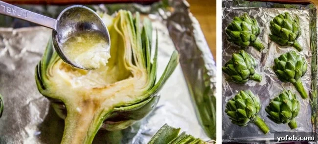 Garlic-Kissed Roasted Artichokes with Zesty Pesto 12 Drizzling butter mixture over artichokes