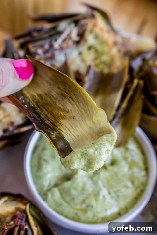 Garlic-Kissed Roasted Artichokes with Zesty Pesto 17 Eating a roasted artichoke leaf