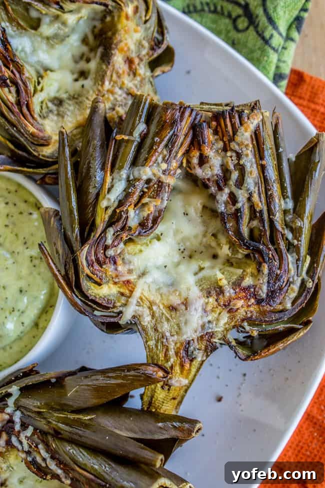 Garlic-Kissed Roasted Artichokes with Zesty Pesto 2 Garlic Roasted Artichokes with Pesto Dipping Sauce from The Food Charlatan - close up