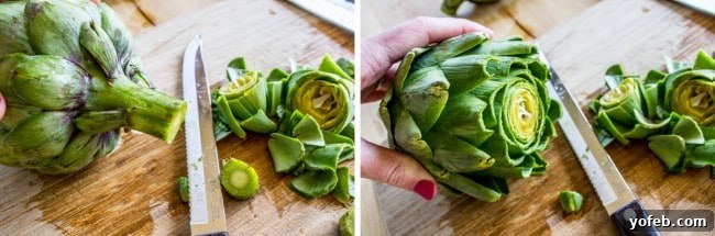 Garlic-Kissed Roasted Artichokes with Zesty Pesto 5 Cutting the top of an artichoke