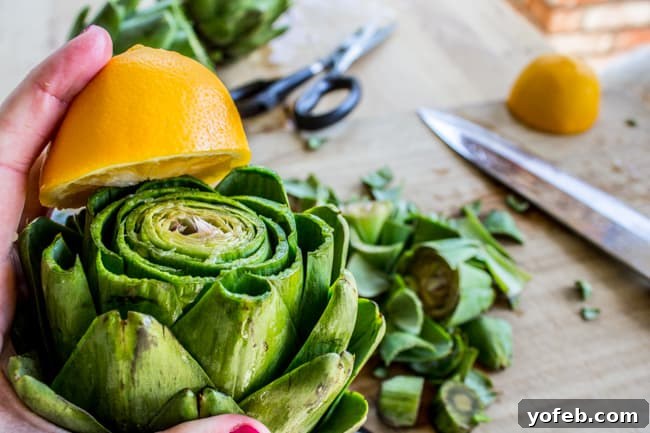 Garlic-Kissed Roasted Artichokes with Zesty Pesto 6 Trimming artichoke stem