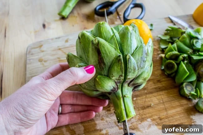 Garlic-Kissed Roasted Artichokes with Zesty Pesto 7 Do not cut off the whole stem of an artichoke