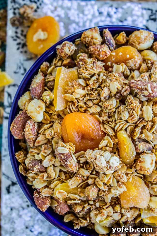 Sunshine Mango Coconut Granola 2 Crunchy homemade tropical coconut mango granola in a bowl