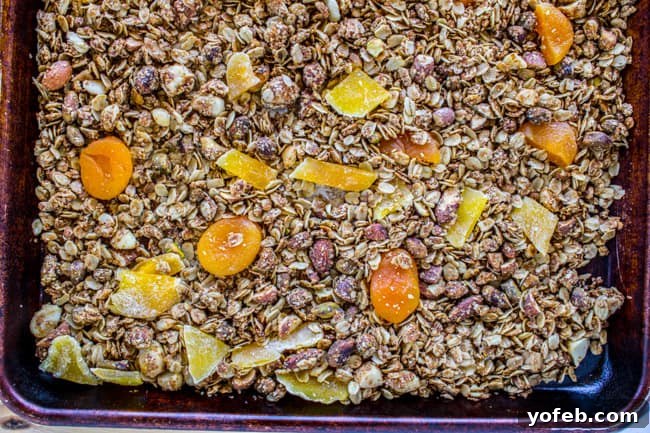 Sunshine Mango Coconut Granola 8 Various ingredients for tropical granola laid out, including oats, nuts, and dried fruit