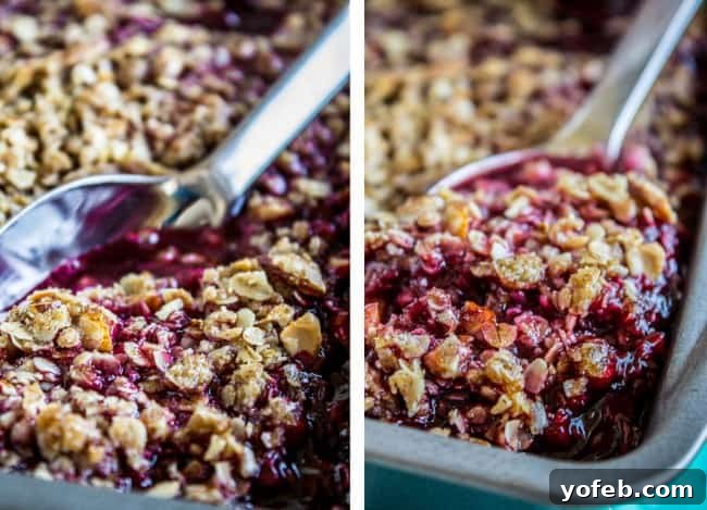 Easy Blackberry Cobbler Recipe with Oat Crunch Topping from The Food Charlatan. This to-die-for Blackberry Cobbler recipe is so easy it's ridiculous! The crunchy oat topping comes together super fast, and is the perfect compliment to summer's finest offering: blackberries. #cobbler #blackberries #easy #oats #dessert #summerrecipes #homemade #summer #crisp Blackberry cobbler being scooped out of a baking pan, revealing its juicy berry filling.