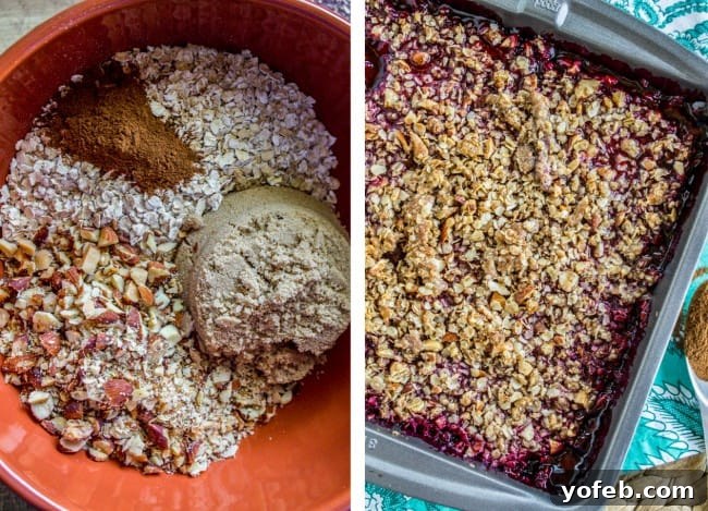 Easy Blackberry Cobbler Recipe with Oat Crunch Topping from The Food Charlatan. This to-die-for Blackberry Cobbler recipe is so easy it's ridiculous! The crunchy oat topping comes together super fast, and is the perfect compliment to summer's finest offering: blackberries. #cobbler #blackberries #easy #oats #dessert #summerrecipes #homemade #summer #crisp A hand sprinkling the almond oat crunch topping over the blackberry filling in a baking pan.
