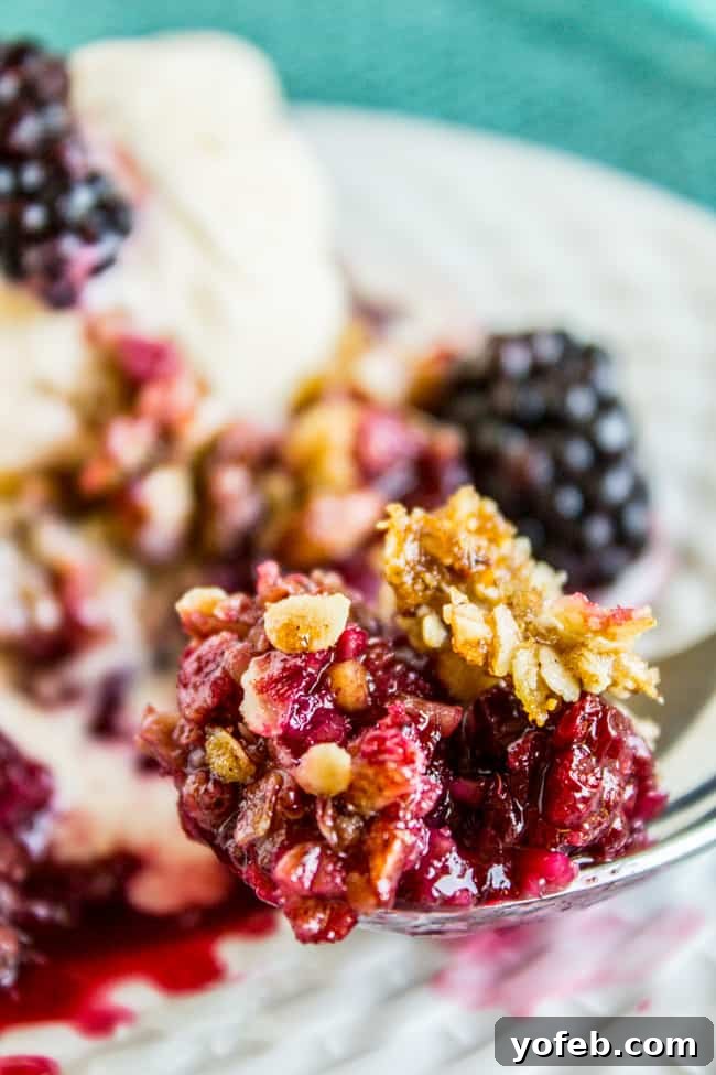 Easy Blackberry Cobbler Recipe with Oat Crunch Topping from The Food Charlatan. This to-die-for Blackberry Cobbler recipe is so easy it's ridiculous! The crunchy oat topping comes together super fast, and is the perfect compliment to summer's finest offering: blackberries. #cobbler #blackberries #easy #oats #dessert #summerrecipes #homemade #summer #crisp A spoonful of blackberry cobbler with a dollop of ice cream, held over a dish of the dessert.